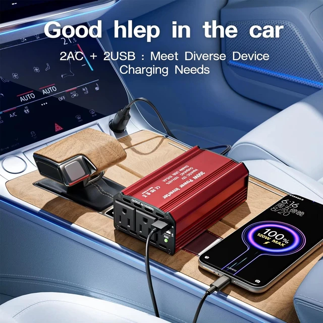 Alt view image 2 of 7 - 300W Power Inverter 12V DC to 220V AC, Car Charger Plug in Adapter Outlet Portable Power Converters for Laptop Vehicles Camping Road Trip Essentials Adults