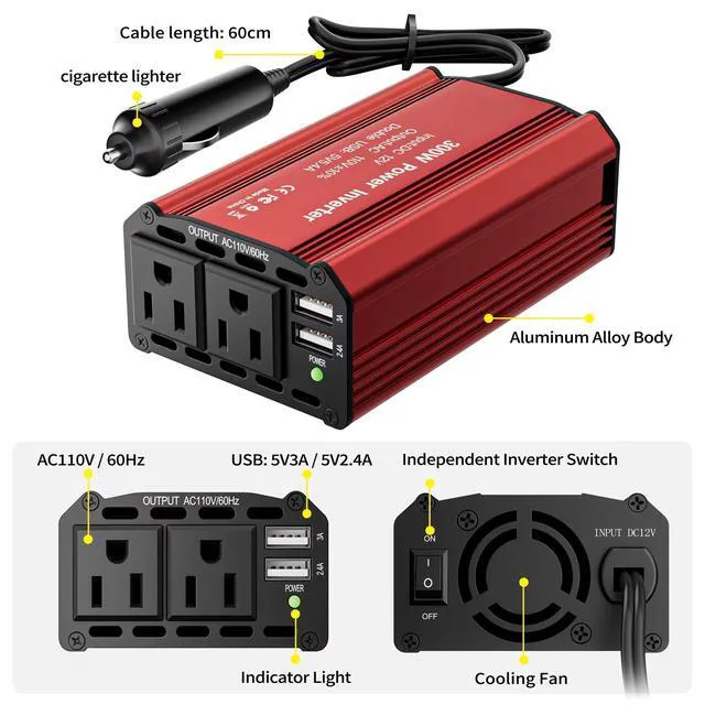 Alt view image 5 of 7 - 300W Power Inverter 12V DC to 220V AC, Car Charger Plug in Adapter Outlet Portable Power Converters for Laptop Vehicles Camping Road Trip Essentials Adults