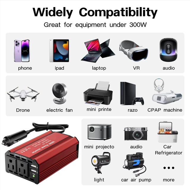 Alt view image 4 of 7 - 300W Power Inverter 12V DC to 220V AC, Car Charger Plug in Adapter Outlet Portable Power Converters for Laptop Vehicles Camping Road Trip Essentials Adults