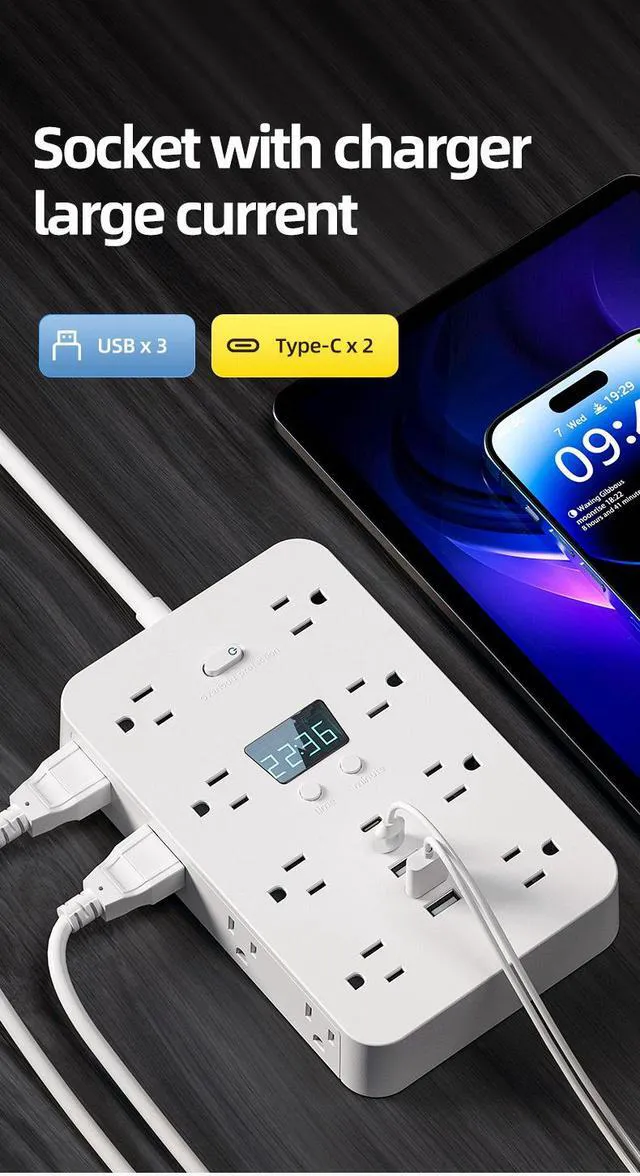 Alt view image 3 of 7 - 21-in-1 Power Strip with Switch & Surge Protection, Multi Plug Wall Outlet, 16 Outlets with 5 USB Ports (2 USB C), for Home Office Dorm Essentials (White-3m)