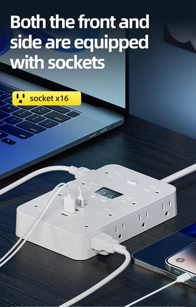 Alt view image 5 of 7 - 21-in-1 Power Strip with Switch & Surge Protection, Multi Plug Wall Outlet, 16 Outlets with 5 USB Ports (2 USB C), for Home Office Dorm Essentials (White-3m)