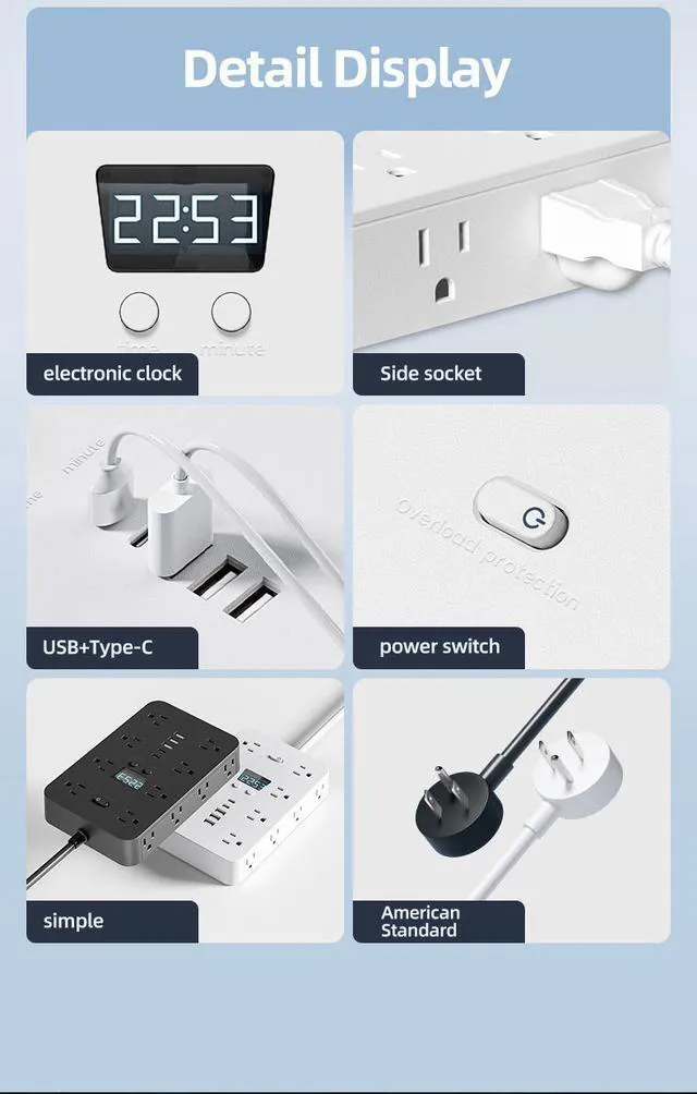 Alt view image 2 of 7 - 21-in-1 Power Strip with Switch & Surge Protection, Multi Plug Wall Outlet, 16 Outlets with 5 USB Ports (2 USB C), for Home Office Dorm Essentials (White-3m)