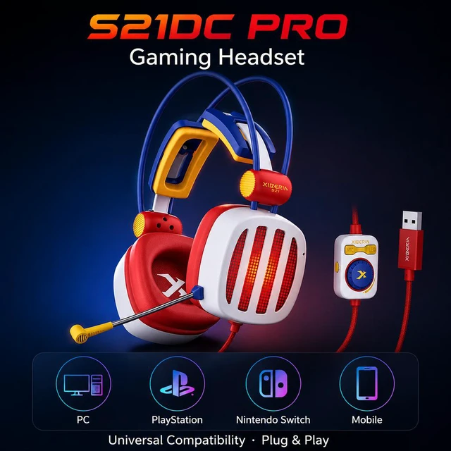 Alt view image 4 of 6 - S21-PRO Gaming Headset, Esports Gaming Headphones Over-Ear with Microphone, Type-C Wired, 7.1 Surround Sound, Noise Cancelling Mic, LED Light, for PC Laptop PS4 PS5 Switch, PUBG FPS Games, Streaming