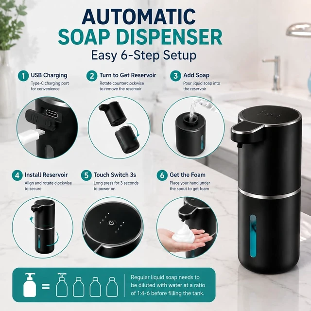 Alt view image 5 of 7 - Automatic Soap Dispenser Touchless Foaming Soap Dispenser 13.5oz USB Rechargeable Dispenser Electric Wall Mounted 4levels Adjustable Foam Dish Soap Pump for Bathroom Kitchen(Black)