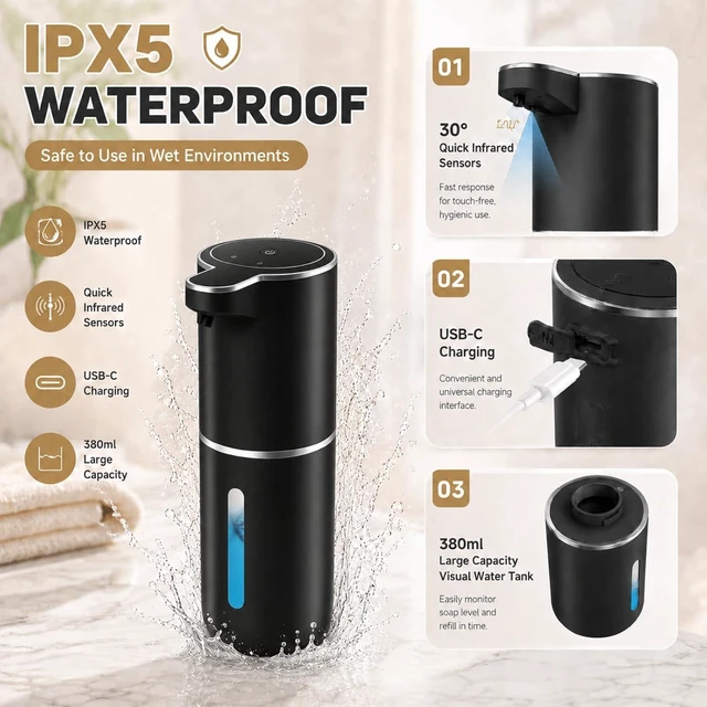 Alt view image 2 of 7 - Automatic Soap Dispenser Touchless Foaming Soap Dispenser 13.5oz USB Rechargeable Dispenser Electric Wall Mounted 4levels Adjustable Foam Dish Soap Pump for Bathroom Kitchen(Black)