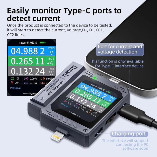 Alt view image 6 of 6 - Mobile Phone Tail Plug Detector Tail Plug Comprehensive Analysis Tester Current Voltage Detection High Precision Digital Display Tester Support Lightning Type-C for iPhone Android Phone