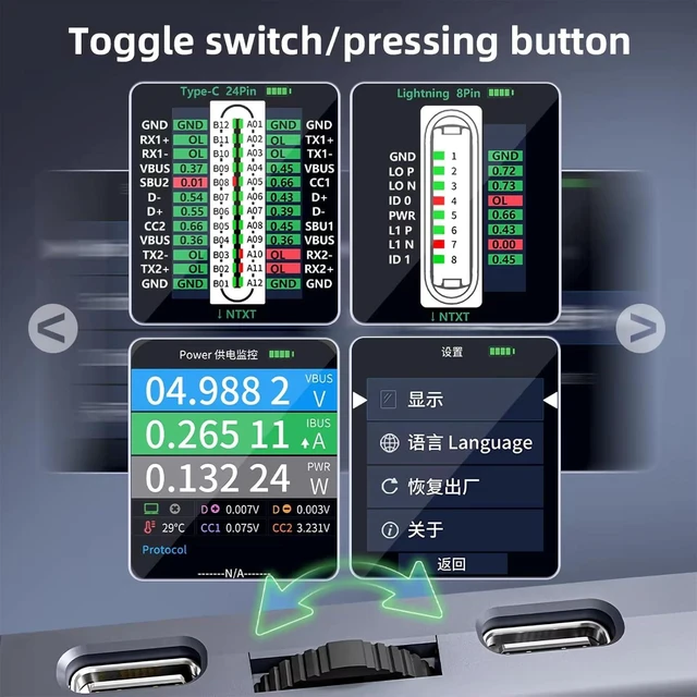 Alt view image 4 of 6 - Mobile Phone Tail Plug Detector Tail Plug Comprehensive Analysis Tester Current Voltage Detection High Precision Digital Display Tester Support Lightning Type-C for iPhone Android Phone