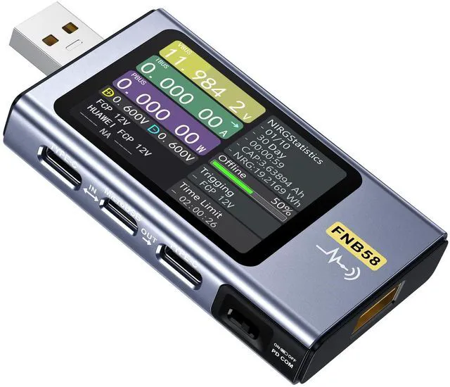 Main image of FNIRSI FNB58 USB Tester, PD/QC, USB-C E-Marker Reader, 28V 7A, USB-A/C,PD2.0/3.0 & QC2.0/3.0, Voltage/Current/Power Monitoring, Real-Time Graphs, Capacity, Ripple, PD Trigger, App/PC Software