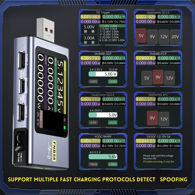 Alt view image 4 of 7 - FNIRSI FNB58 USB Tester, PD/QC, USB-C E-Marker Reader, 28V 7A, USB-A/C,PD2.0/3.0 & QC2.0/3.0, Voltage/Current/Power Monitoring, Real-Time Graphs, Capacity, Ripple, PD Trigger, App/PC Software