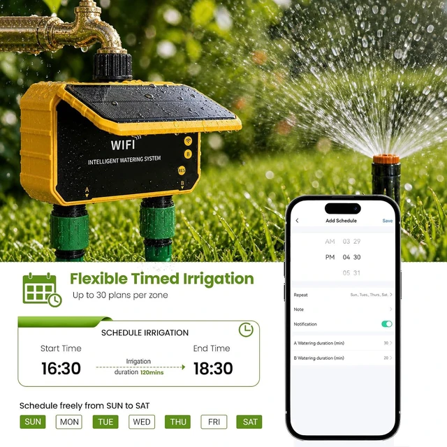 Alt view image 4 of 7 - Sprinkler Timer, Solar WiFi Water Timer for Garden Hose, 2 Zone Water Sprinkler with Rain Sensor and Manual Mode via APP/Voice Control, Automatic Irrigation Control System for Lawns, Yard and Pool
