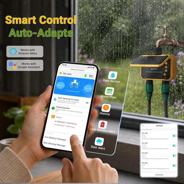 Alt view image 5 of 7 - Sprinkler Timer, Solar WiFi Water Timer for Garden Hose, 2 Zone Water Sprinkler with Rain Sensor and Manual Mode via APP/Voice Control, Automatic Irrigation Control System for Lawns, Yard and Pool