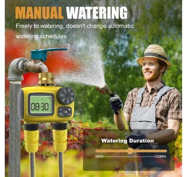 Alt view image 7 of 7 - Hose Timer 2 Outlet, 2 Zone Programmable Sprinkler Timer with Rain Delay & Manual Mode, Heavy Duty Digital Timer for Garden Hose, Auto Irrigation Controller for Lawn, Yard & Drip Irrigation Outdoor