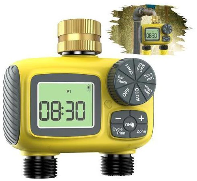 Main image of Hose Timer 2 Outlet, 2 Zone Programmable Sprinkler Timer with Rain Delay & Manual Mode, Heavy Duty Digital Timer for Garden Hose, Auto Irrigation Controller for Lawn, Yard & Drip Irrigation Outdoor