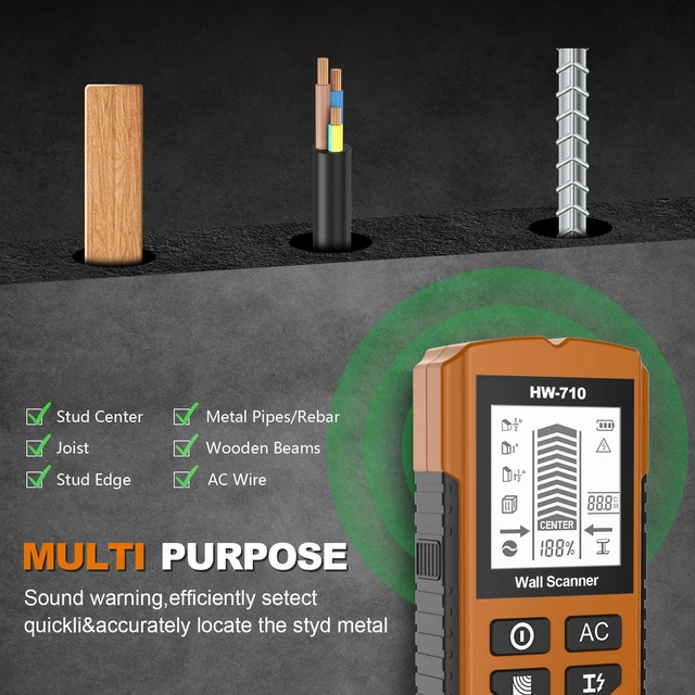 Alt view image 2 of 7 - 5-in-1 Electronic Wall Scanner Multi-Detection for Wood/Metal/Joists/Pipes/Live AC Wires with Audible Alarm(Orang)