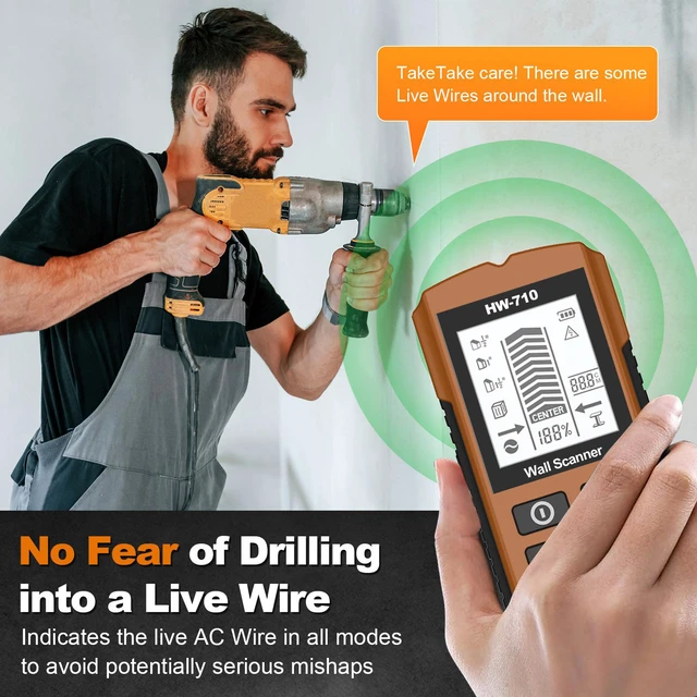 Alt view image 4 of 7 - 5-in-1 Electronic Wall Scanner Multi-Detection for Wood/Metal/Joists/Pipes/Live AC Wires with Audible Alarm(Orang)