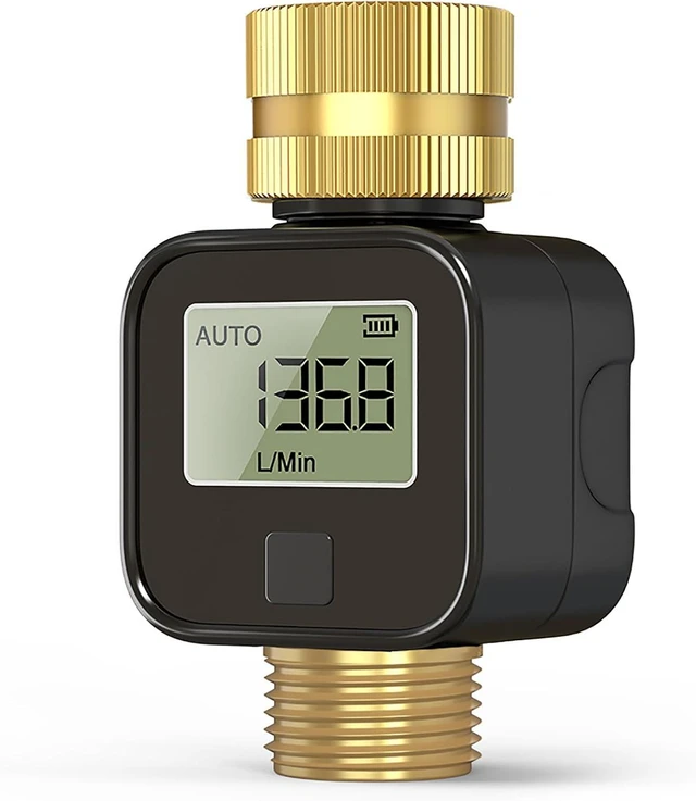 Main image of Water Flow Meter with Brass Metal Thread, Measures Gallons/Liters & Flow Rate Ideal for RV Water Tank Filling, Garden Hose Watering, Lawn Sprinklers & Nozzle Sprayers