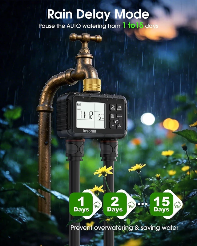 Alt view image 4 of 7 - Insoma Water Timer with Brass Inlet, 2 Independent Zones Outdoor Hose Timer for Garden Faucet with Auto/Manual/Rain Delay Mode, Sprinkler Irrigation Controller for Yard Lawn