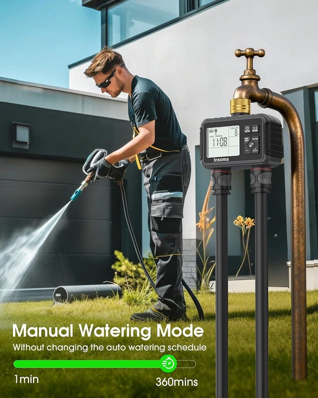 Alt view image 6 of 7 - Insoma Water Timer with Brass Inlet, 2 Independent Zones Outdoor Hose Timer for Garden Faucet with Auto/Manual/Rain Delay Mode, Sprinkler Irrigation Controller for Yard Lawn