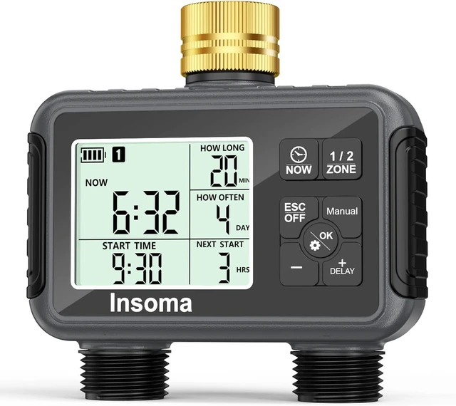 Main image of Insoma Water Timer with Brass Inlet, 2 Independent Zones Outdoor Hose Timer for Garden Faucet with Auto/Manual/Rain Delay Mode, Sprinkler Irrigation Controller for Yard Lawn