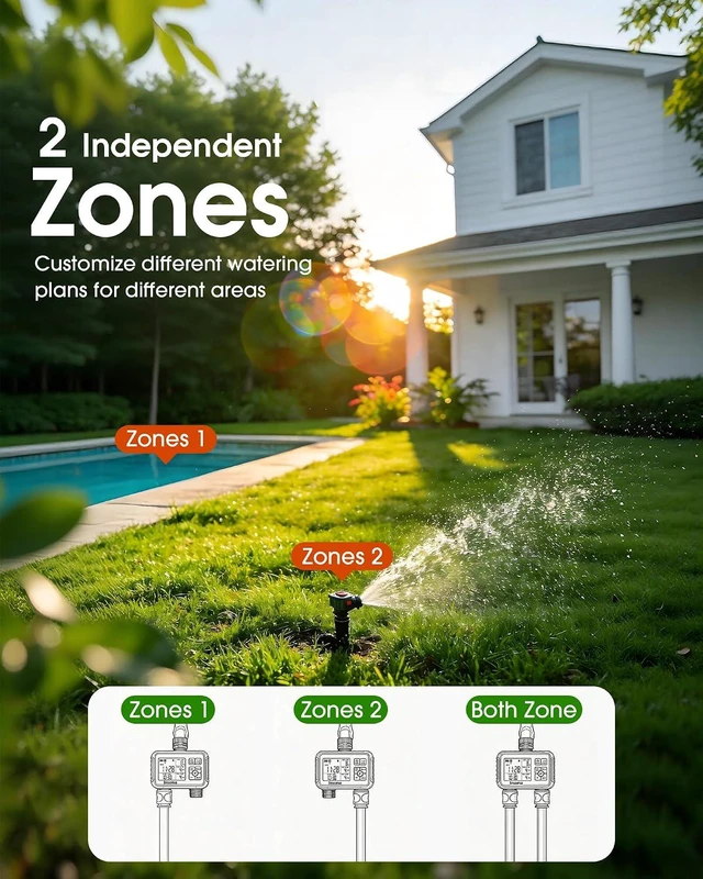 Alt view image 7 of 7 - Insoma Water Timer with Brass Inlet, 2 Independent Zones Outdoor Hose Timer for Garden Faucet with Auto/Manual/Rain Delay Mode, Sprinkler Irrigation Controller for Yard Lawn