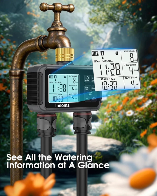 Alt view image 3 of 7 - Insoma Water Timer with Brass Inlet, 2 Independent Zones Outdoor Hose Timer for Garden Faucet with Auto/Manual/Rain Delay Mode, Sprinkler Irrigation Controller for Yard Lawn