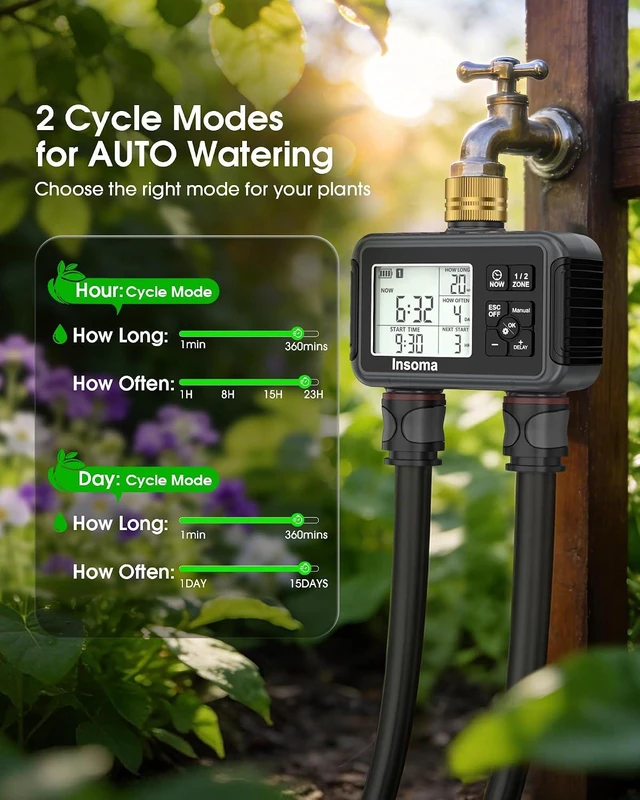 Alt view image 5 of 7 - Insoma Water Timer with Brass Inlet, 2 Independent Zones Outdoor Hose Timer for Garden Faucet with Auto/Manual/Rain Delay Mode, Sprinkler Irrigation Controller for Yard Lawn