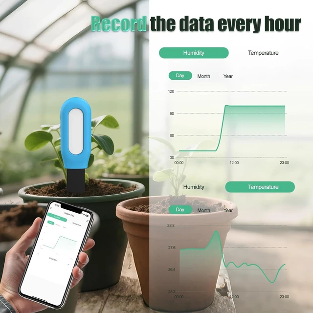 Alt view image 7 of 7 - Yunseity Soil Meter, Smart Soil Tester with Real Time Monitoring for Indoor Plants, Humidity Temperature Alarm and Low Battery Alert