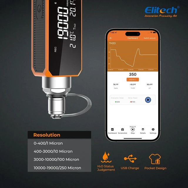 Alt view image 6 of 7 - Elitech VGW-Mini Wireless Digital Vacuum Gauge with Adaptor Rechargeable Pressure Tester Meter HVAC 0-19000 Micron, Alarms via APP, Offline Recording, Temp Compensation, 1/4" SAE
