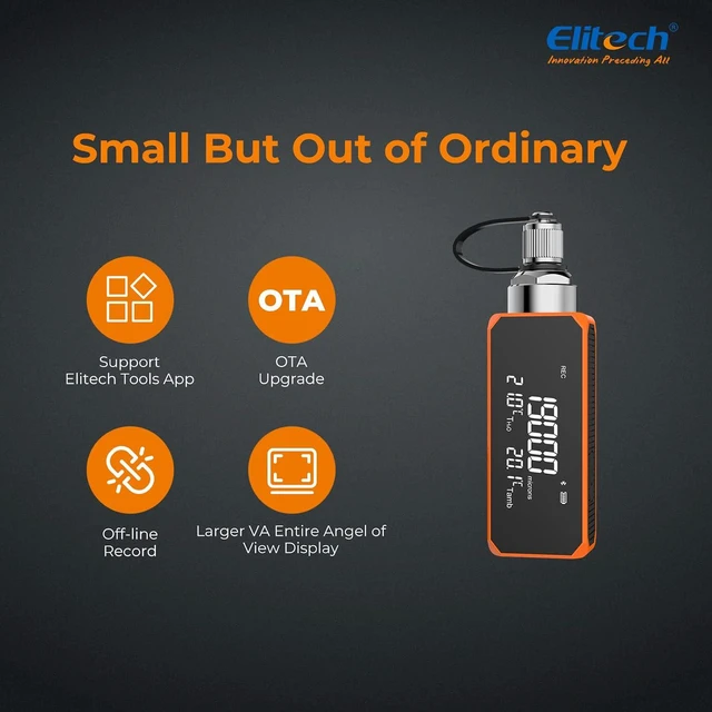 Alt view image 2 of 7 - Elitech VGW-Mini Wireless Digital Vacuum Gauge with Adaptor Rechargeable Pressure Tester Meter HVAC 0-19000 Micron, Alarms via APP, Offline Recording, Temp Compensation, 1/4" SAE