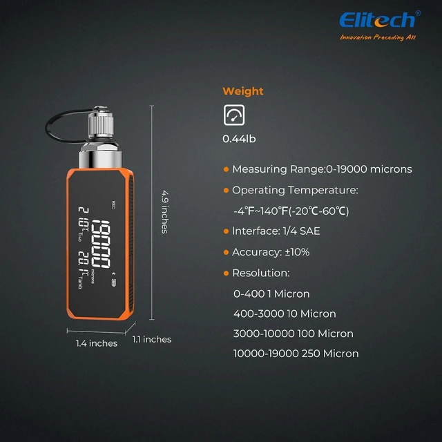 Alt view image 7 of 7 - Elitech VGW-Mini Wireless Digital Vacuum Gauge with Adaptor Rechargeable Pressure Tester Meter HVAC 0-19000 Micron, Alarms via APP, Offline Recording, Temp Compensation, 1/4" SAE