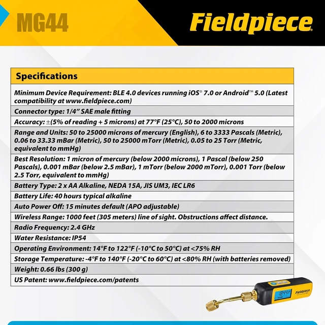 Alt view image 5 of 6 - Fieldpiece - HVACR Wireless Vacuum Gauge - MG44 - Quick, Accurate Evacuations & Vacuum Readings - Job Link Compatible Long Range HVAC Tool