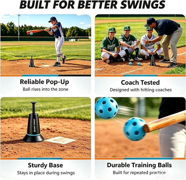 Alt view image 2 of 7 - Batting practice tee, Durable Nylon Strength, Batting Tee for Perfect Swings, Baseball Training for Hitting Without a Pitcher 1 Popper Ball Included