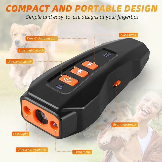 Alt view image 5 of 7 - Dog Bark Deterrent Rechargeable Ultrasonic Anti Barking Device,3 modes, LED and laser functions; safely stops barking up to 33Ft. Rechargeable dog training tool for home and outdoor