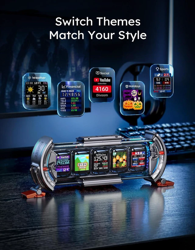 Alt view image 6 of 7 - Divoom Times Gate - Cyberpunk Gaming Setup Digital Alarm Clock, Smart APP, WiFi Connect, RGB LED Display, Personalized Financial & Bitcoin Dashboard, Pixel Art for Gaming Room & Office Decor, Silver