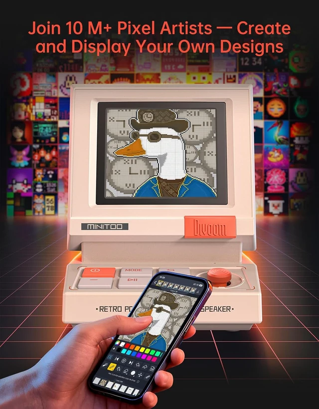 Alt view image 5 of 7 - Divoom MiniToo Retro PC-Style Computer Speaker, Pixel Screen with DIY Faces,Bluetooth & USB Audio, Alarm/White Noise Clock, Desk Setup Gifts for Gaming