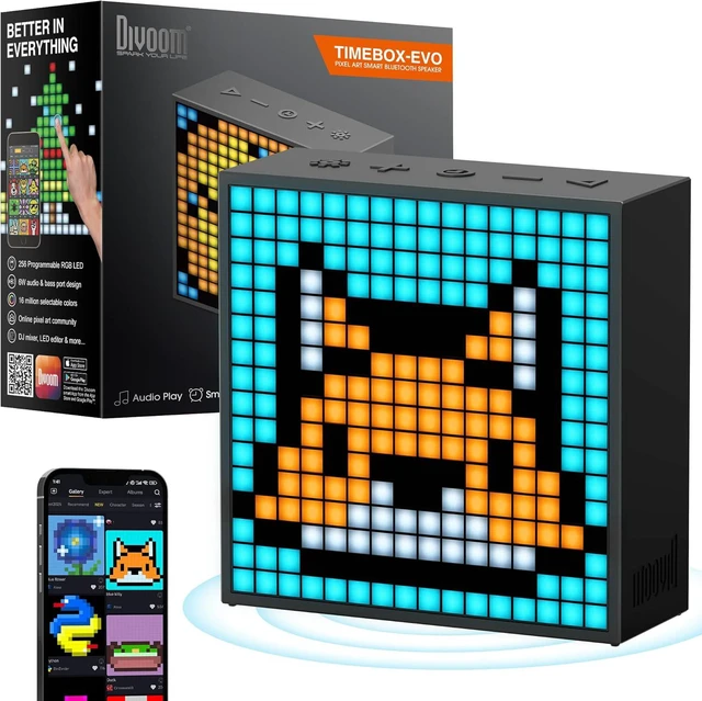 Main image of Divoom TimeBox Evo -- Pixel Art Bluetooth Speaker with 16x16 LED Display APP Control - Cool Animation Frame & Gaming Room Setup & Bedside Alarm Clock- Black