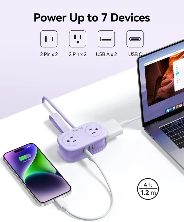 Alt view image 2 of 7 - Purple Cruise Approved Travel Power Strip with 4FT Extension Cord,4 AC Outlets, 2 USB-A Ports, and 1 USB-C Port, with Non Surge Protector for Travel/Dorm/Office ETL Listed -AP3