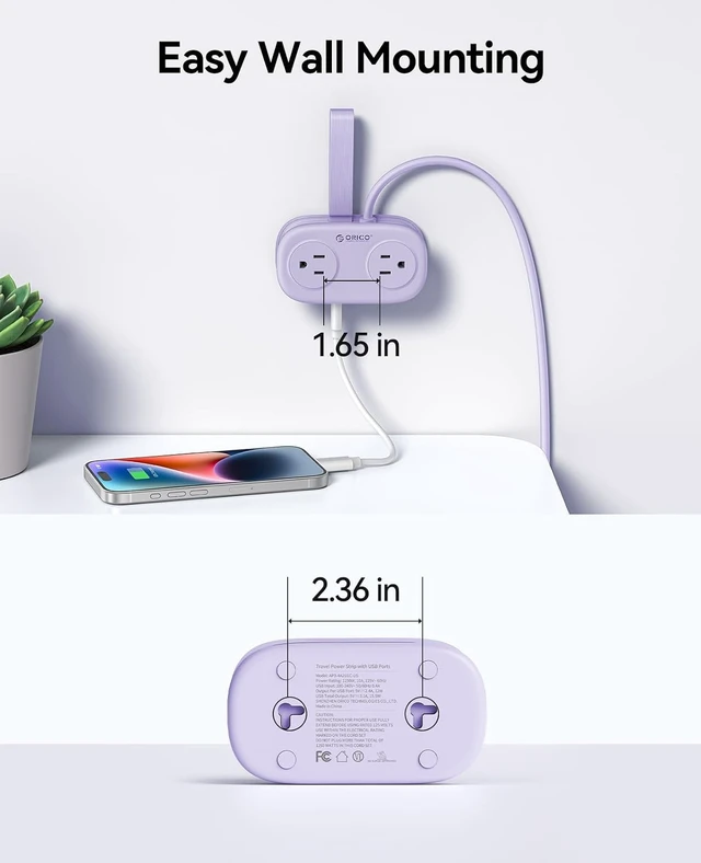 Alt view image 4 of 7 - Purple Cruise Approved Travel Power Strip with 4FT Extension Cord,4 AC Outlets, 2 USB-A Ports, and 1 USB-C Port, with Non Surge Protector for Travel/Dorm/Office ETL Listed -AP3