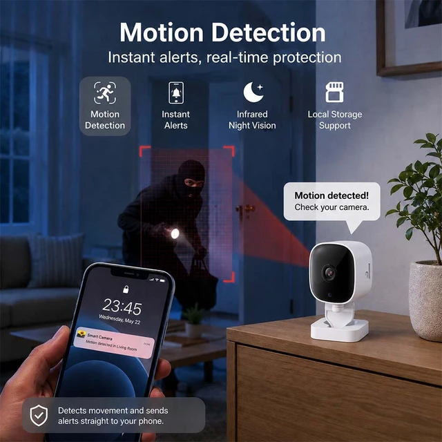 Alt view image 6 of 7 - Smart Indoor Security Camera with 940nm Infrared Night Vision,24/7 Monitoring, Cloud & TF Card Storage, 940nm Invisible IR, Wi-Fi Connected, Motion Detection