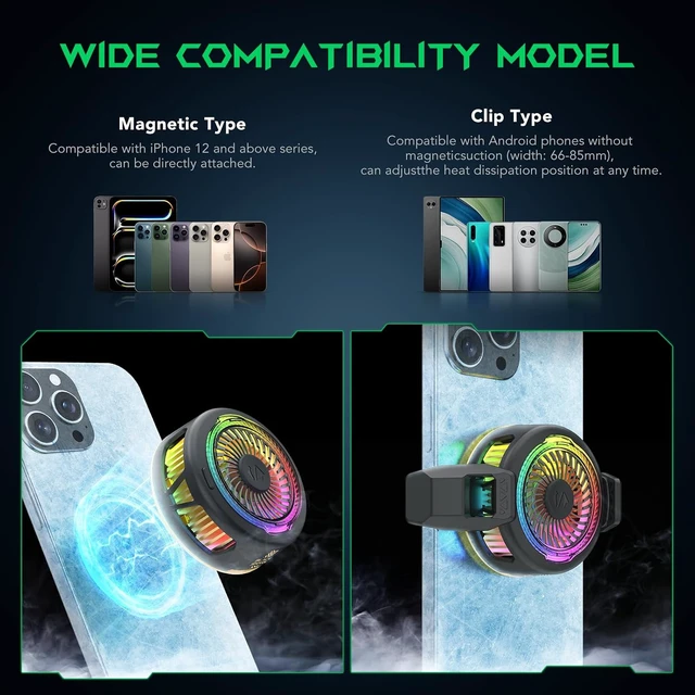 Alt view image 4 of 7 - Black Shark FunCooler 5 Magnetic Cell Phone Cooler for Gaming, Portable Mobile Phone Cooling Fan with RGB Light, Cellphone Radiator for iPhone Magnetic Series/Android/Tablet/iPad (Black)