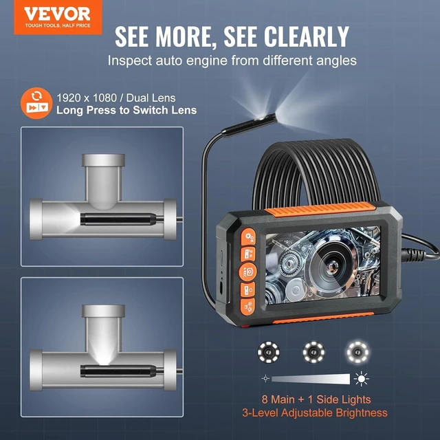 Alt view image 4 of 7 - Endoscope Camera with Light, Dual Lens Industrial Borescope, 4.3" Screen 1080P Inspection Camera, 8 + 1 Lights, 4X Zoom, IP67 Waterproof Snake Camera for Auto, Plumbing (32.81ft)