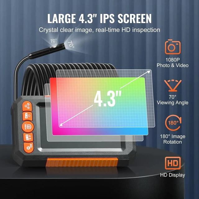 Alt view image 7 of 7 - Endoscope Camera with Light, Dual Lens Industrial Borescope, 4.3" Screen 1080P Inspection Camera, 8 + 1 Lights, 4X Zoom, IP67 Waterproof Snake Camera for Auto, Plumbing (32.81ft)