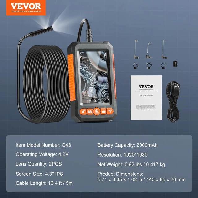 Alt view image 6 of 7 - Endoscope Camera with Light, Dual Lens Industrial Borescope, 4.3" Screen 1080P Inspection Camera, 8 + 1 Lights, 4X Zoom, IP67 Waterproof Snake Camera for Auto, Plumbing (32.81ft)