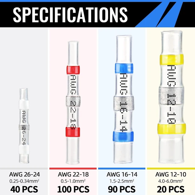 Alt view image 6 of 6 - 250PCS Solder Seal Wire Connectors, Heat Shrink Solder Butt Connectors Kit,Insulated Waterproof Electrical Wire Terminals for Automotive Marine