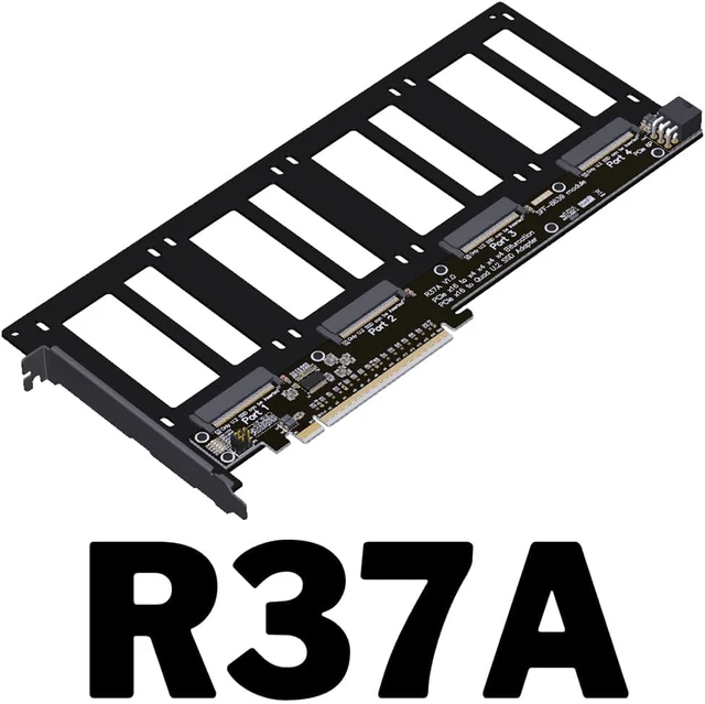 Alt view image 2 of 7 - JMT ADT-R37 PCIe5.0x16 to 4-Port U.2/EDSFF Hard Disk Split Card 4x128Gbps 1 to 4 Expansion Adapter Compatible with Gen3/Gen4/Gen5 (R37A 4.0, to 4* U.2)