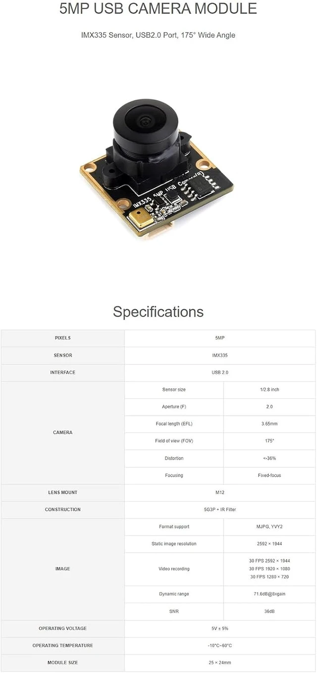 Alt view image 7 of 7 - IMX335 5MP USB Camera (B) for Raspberry Pi 5/Jetson Orin Kit 2K Video Recording 175° Wide Angle Better Sensitivity in Low-Light Condition Wide Dynamic Range USB2.0 Port