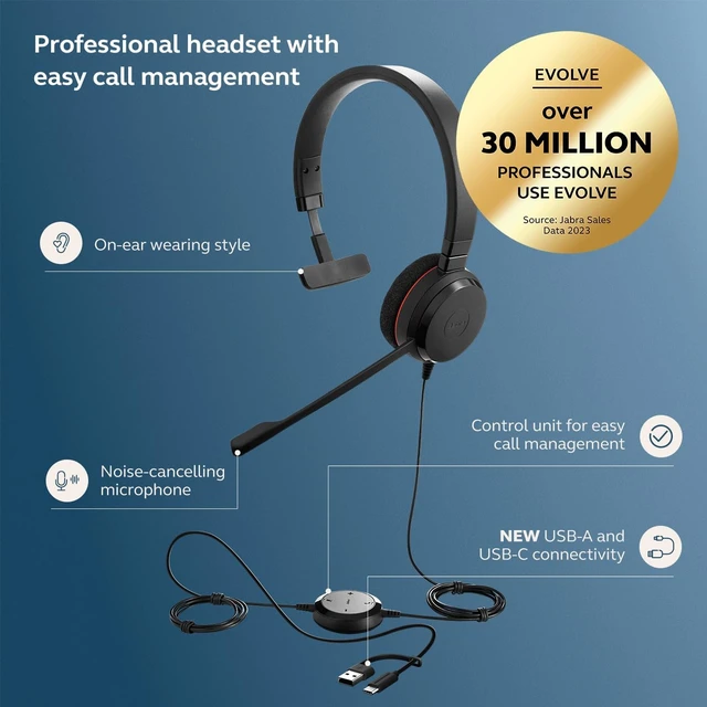 Alt view image 6 of 6 - Jabra Evolve 20 (2025 Edition) Single-Ear Headset for Office and Home - Call Control - All Platforms - USB-C/A Connectivity - Black