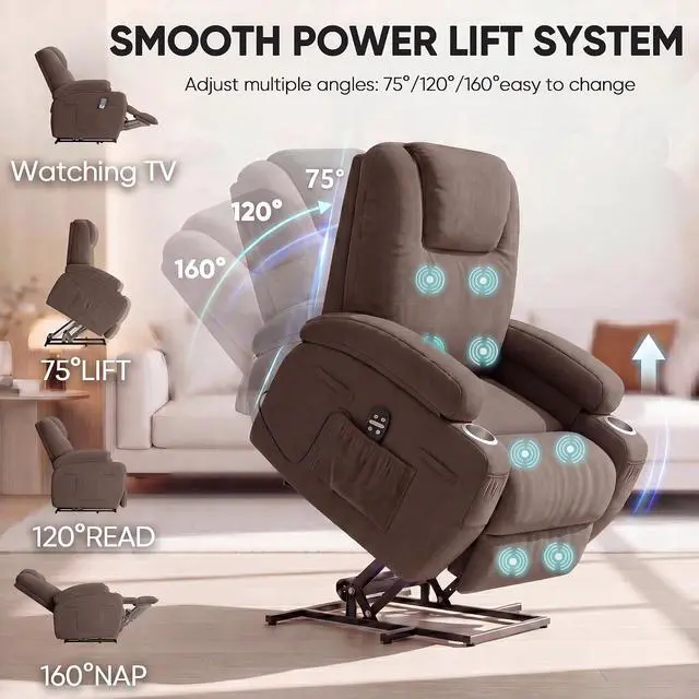 Alt view image 4 of 7 - Power Lift Chair Massage Recliner Chairs for Elderly - Ergonomic Design with Cup Holders & Side Pockets, Remote Control (Dark Brown)