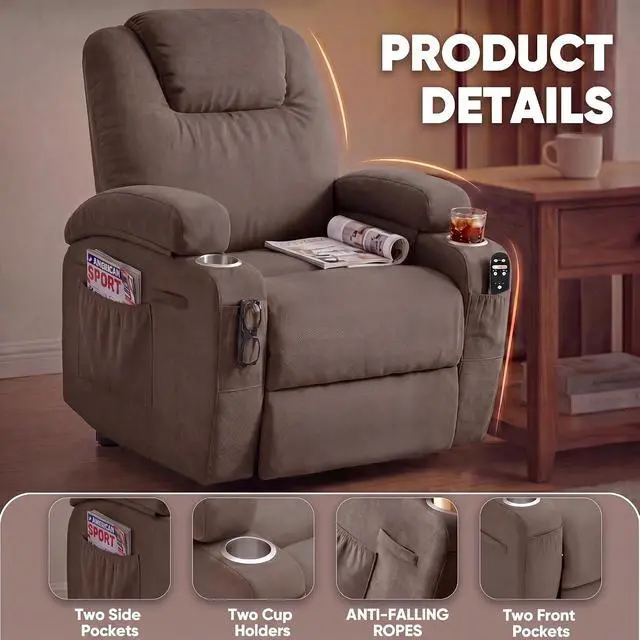 Alt view image 7 of 7 - Power Lift Chair Massage Recliner Chairs for Elderly - Ergonomic Design with Cup Holders & Side Pockets, Remote Control (Dark Brown)