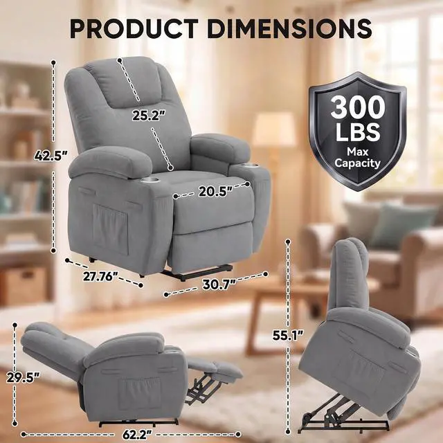 Alt view image 2 of 7 - Power Lift Chair Massage Recliner Chairs for Elderly - Ergonomic Design with Cup Holders & Side Pockets, Remote Control (Gray)